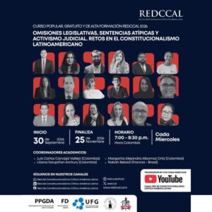 Afiche cuadrado del Curso RedCCAL 2026: omisiones legislativas, sentencias atípicas y activismo judicial