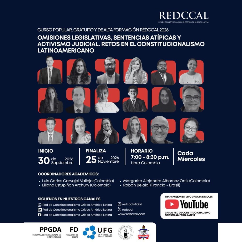 Afiche cuadrado del Curso RedCCAL 2026: omisiones legislativas, sentencias atípicas y activismo judicial